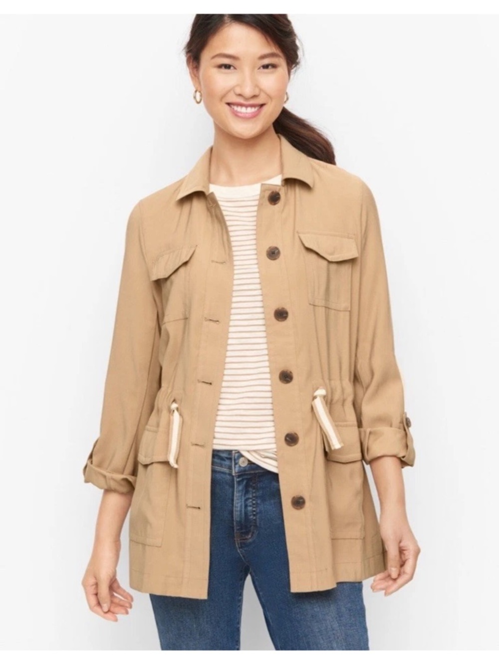 Talbots New Military Field Utility Jacket Drawcord Waist Tan Shacket Rayon 1X